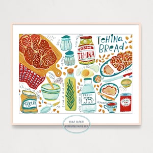 Tehina Bread Illustrated recipe Art Print, Printable Digital Print, Gouache illustration, Kitchen Wall Decor, Food Painting Poster