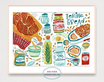 Tehina Bread Illustrated recipe Art Print, Printable Digital Print, Gouache illustration, Kitchen Wall Decor, Food Painting Poster