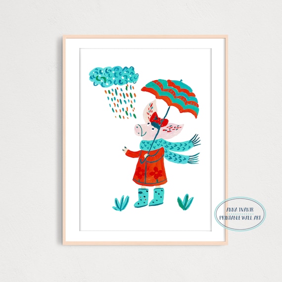 Playfull Happy Girl Pig With Umbrella Art Print, Playnook  display picture 1