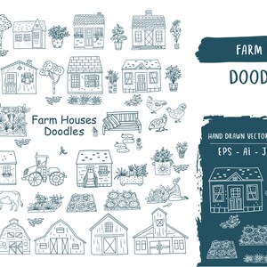May include: A set of hand-drawn illustrations of farmhouses, animals, and other farm-related objects. The illustrations are in black and white and have a simple, whimsical style. The text "Farm Houses Doodles" and "Farm Life Doodles" is included in the image.