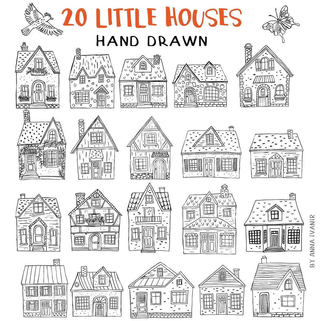 20 Hand-drawn House Clipart Set With Cottages, Village Homes & Bonus ...