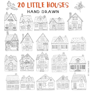 20 hand-drawn house clipart set with cottages, village homes & bonus floral elements – PNG, EPS, SVG– commercial use included