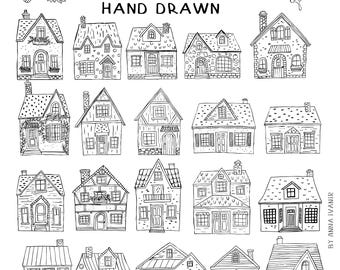20 handgetekende huisclipartsets met huisjes, dorpshuizen en bloemen als extraatje – png, eps, SVG– inclusief commercieel gebruik