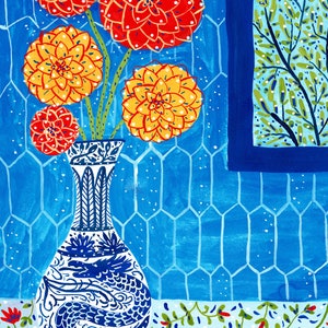 Dahlia Art Print, Floral Wall Art, Dahlia in Vase, Gouashe Painting image 4