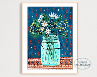 Bouquet of white daisy flowers in Mason Jar Art Print, Housewarming Poster,Printable Digital Download Art Print,  Gouache Illustration