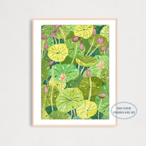 Water Lily Art Print, gouache Illustration, Printable Digital Download, Botanical Art Print, Home Decor, Nature Painting