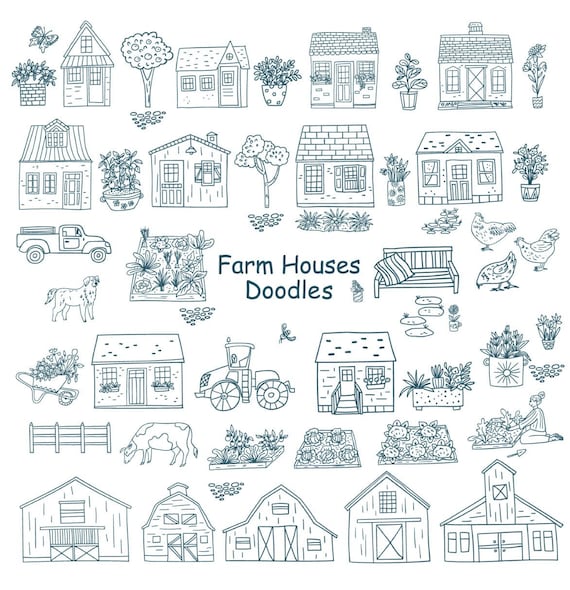 Hand Drawn Doodle Farm Life Set - Doodle Farm  Icons Clipart - Hand drawn Line Art - Coloring Hand Drawn Collection - Digital Download