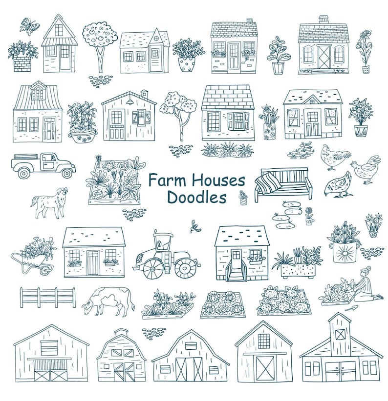 May include: A set of black and white line drawings of farm houses, barns, animals, and other farm-related objects. The text "Farm Houses Doodles" is in the center of the image.