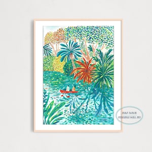 Couple Traveling in a River Art Print, Printable Digital Download, Travel Poster, Home Decor, Adventure Art Print