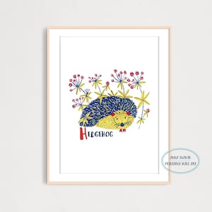 H is for Hedgehog Animal Alphabet Art Print, Kids Wall Decor, Gouache Illustration, Printable Digital Art Print