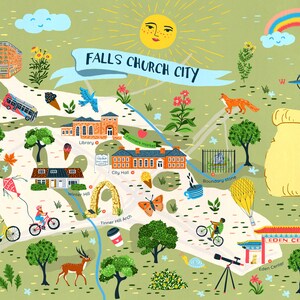 Op de afbeelding: Een kleurrijke ge&iuml;llustreerde kaart van Falls Church City, Virginia. De kaart toont bezienswaardigheden zoals de bibliotheek, het stadhuis en het Eden Center. Er zijn ook illustraties van mensen, dieren en planten.