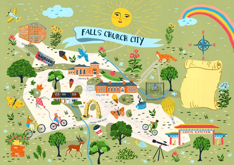 Op de afbeelding: Een kleurrijke ge&iuml;llustreerde kaart van Falls Church City, Virginia. De kaart toont bezienswaardigheden zoals de bibliotheek, het stadhuis en het Eden Center. Er zijn ook illustraties van mensen, dieren en planten.