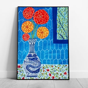 Dahlia Art Print, Floral Wall Art, Dahlia in Vase, Gouashe Painting image 2