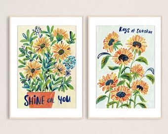 Set of 2 Art Prints, Shining Sunflowers Art Print, Gouache Painting of Blooming Flowers,