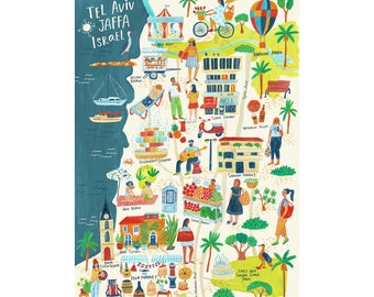 ART PRINT City Map of Tel Aviv Jaffa Art Print, Gouache Illustration Travel Art Print, Tel Aviv Map Print, Israel Map, Travel Poster