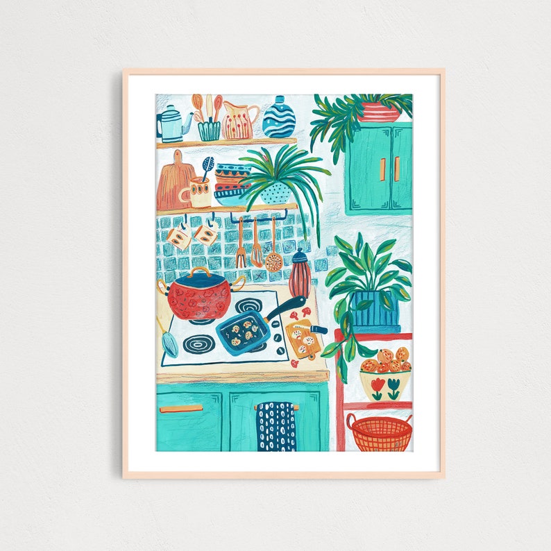 Kitchen Interior Art Print, Cooking at Home Art Print, Printable Digital Download Art Print, , Gouache Illustration, Housewarming Painting image 2