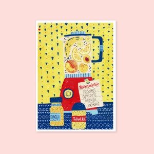 Yellow Smoothie Recipe Art Print, Kitchen Still Life Art Print, Gouache Illustration Art Print, image 1