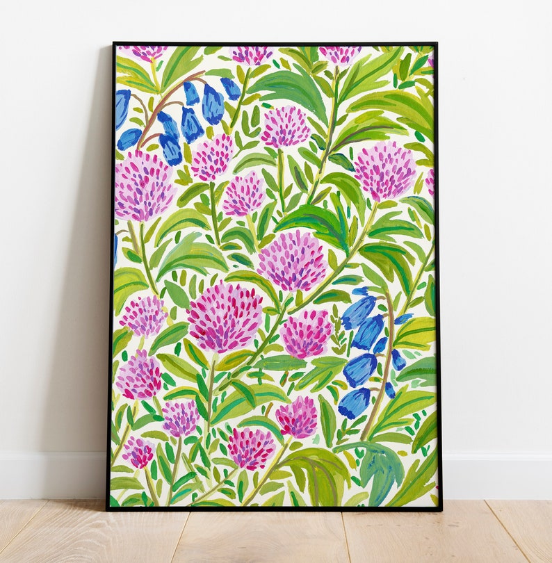 DIGITAL Pink Flowers Field Art Print, Printable Digital Download, Gouache Illustration, Home Decor Poster, Floral Art Print image 6