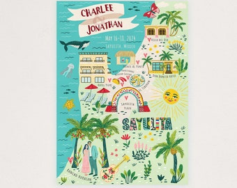 Invitación ilustrada del mapa de boda personalizado DIGITAL, guardar la fecha, mapa de bienvenida, itinerario, archivo imprimible, cualquier ubicación, cartel de viaje