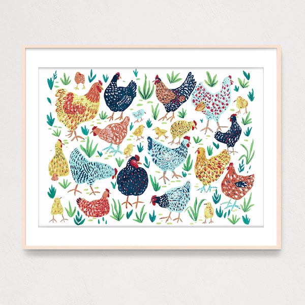 DIGITAL Hens and Chickens Art Print, Printable Digital Download Art Print, Poster Illustration,  Nursery Art , Spring Easter Drawing