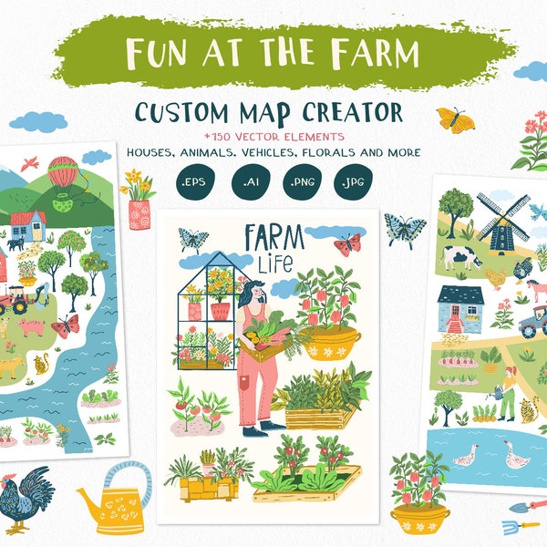 Fun at the Farm - Map Creator Clipart - Printable Art - Wall Art - City Map Creator - Kids Art Doodles