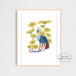 C is for Crane Animal Alphabet Art Print, Kids Wall Decor, Gouache Illustration, Printable Digital Art Print