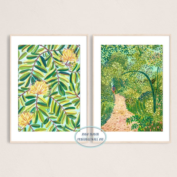 Set of 2 Botanical Art Prints, Green Leaves and Green Forest Gouache Illustration, Printable Digital Download, Wall Decor, Housewarming Gift