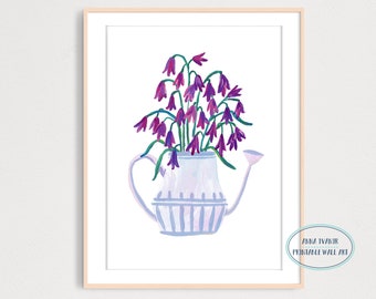 Bouquet of Purple Bluebells Flowers in Watering Can Art Print, Printable Wall Art, Farmhouse Wall Decor, Gouache Illustration