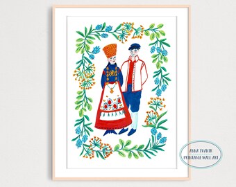 Norway Couple in Traditional Wedding Dresses Art Print, Engagement Gift, Bridal Wall Art, Printable Digital Wall Decor