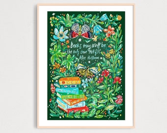 DIGITAL Books Are Magic Quote Art Print, Floral Lettering Wall Decor, Gouache Illustration