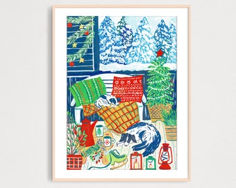 DIGITAL Two Dogs Napping at Porch at Winter Art Print, Gouache Illustration Winter Wall Decor, Christmas Winter Snowy Scene Nursery Decor