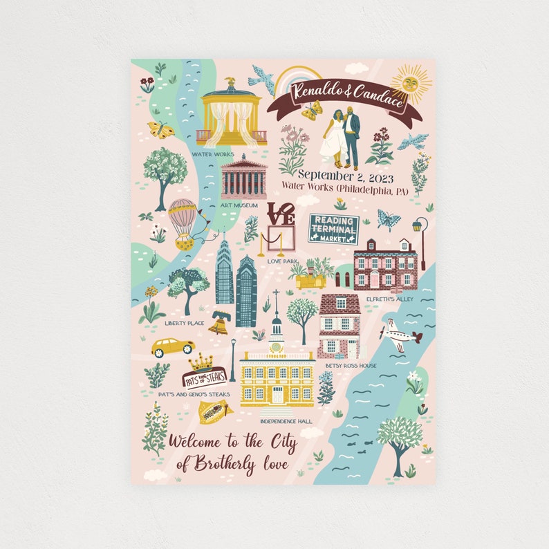 Op de afbeelding: Een ge&iuml;llustreerde kaart van Philadelphia, Pennsylvania in roze en blauw met bezienswaardigheden en tekst die "Renaldo & Candace" en "September 2, 2023 Water Works (Philadelphia, PA)" en "Welkom in de stad van broederlijke liefde" luidt.