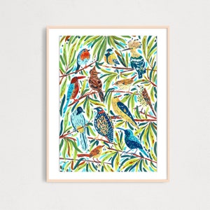 Colorful Birds Nature Print, Nature Gouache Illustration, Home Decor, Wall Art, Nursery Art