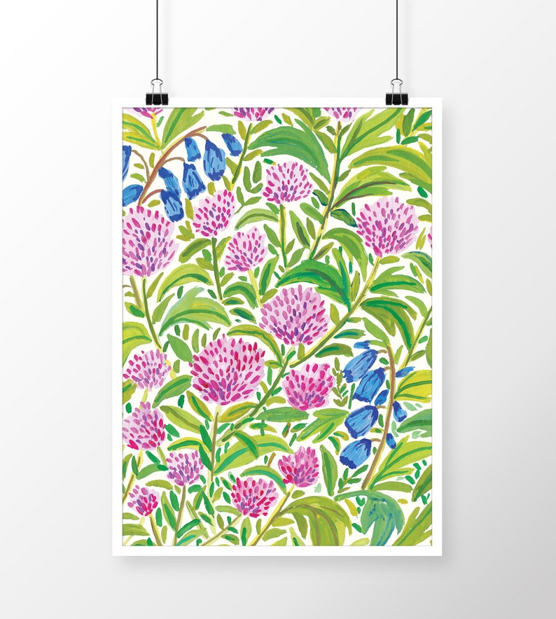 DIGITAL Pink Flowers Field Art Print, Printable Digital Download, Gouache Illustration, Home Decor Poster, Floral Art Print image 7