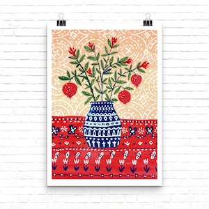 DIGITAL Pomegranate Vase Art Print, Gouache Illustration, Printable Digital Download Art Print, Flowers art Print, Wall Art Poster image 4