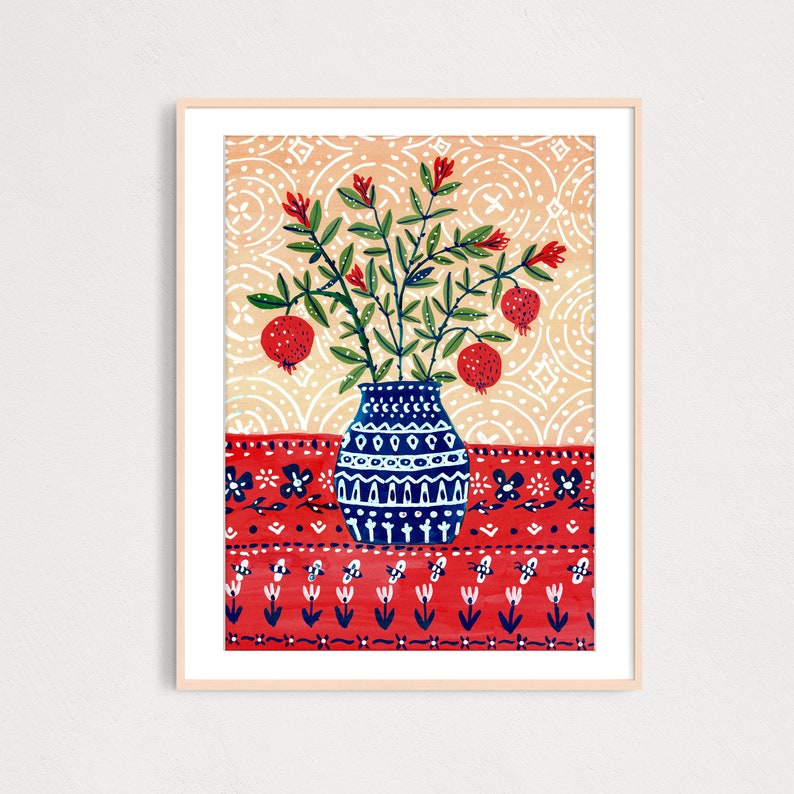 DIGITAL Pomegranate Vase Art Print, Gouache Illustration, Printable Digital Download Art Print, Flowers art Print, Wall Art Poster image 1