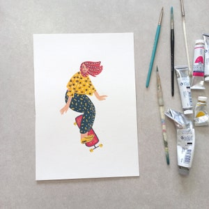 ORIGINAL Skater Girl Original Gouache Illustration, Original Artwork, Skater Portrait Home Decor
