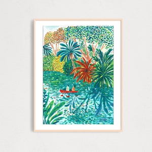 Paar im tropischen Fluss Kunstdruck, Magisches Reise Poster, Gouache Illustration, Kunst für Kinderzimmer, Home Decor