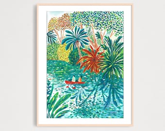 Couple Sailing in Tropical River Art Print, Magical Travel Poster, Gouache illustration, Art for Kids Room,Home Decor