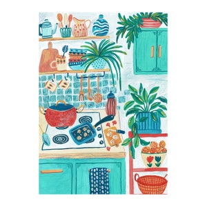 Kitchen Interior Art Print, Cooking at Home Art Print, Printable Digital Download Art Print, , Gouache Illustration, Housewarming Painting image 4