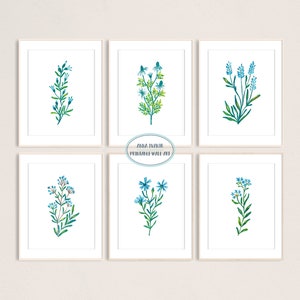 Blue Wildflowers Botanical Set of 6 Art Prints, Printable Gouache Illustration, Housewarming Wall Art, Floral Wall Decor, Nursery Wall Decor