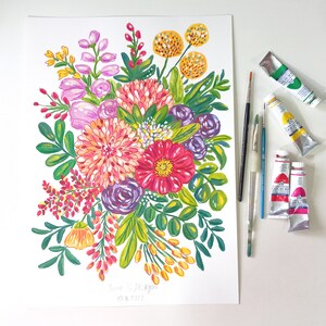 Pittura bouquet personalizzata ORIGINALE, regalo di anniversario, pittura floreale ad acquerello, pittura bouquet di nozze, arte romantica di San Valentino