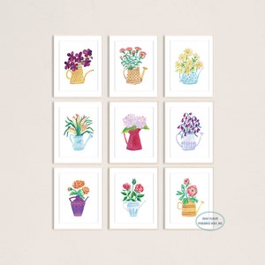 じょうろに入った花束 9 枚セット アートプリント、印刷可能な壁アート、農家風の壁装飾、グアッシュイラスト
