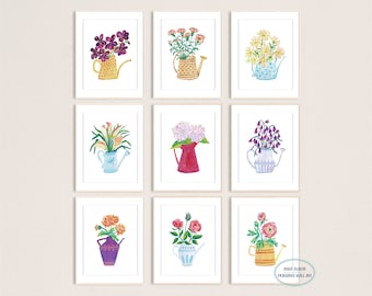 Bouquet of Flowers in Watering Can Set of 9 Art Prints, Printable Wall Art, Farmhouse Wall Decor, Gouache Illustration