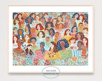 DIGITAL Women Power Art Print, Portraits of Diverse Women from Around the World Wall Art, Gouache Illustration, Home Wall Decor