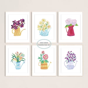 Bouquet of Flowers in Watering Can Set of 6 Art Prints, Printable Wall Art, Farmhouse Wall Decor, Gouache Illustration