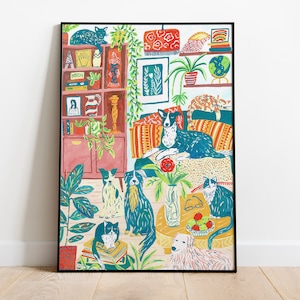 LÁMINA ARTÍSTICA Perros y gatos en una habitación Ilustración interior Impresión artística, Amante de los perros, Amante de los gatos, Decoración de habitación infantil