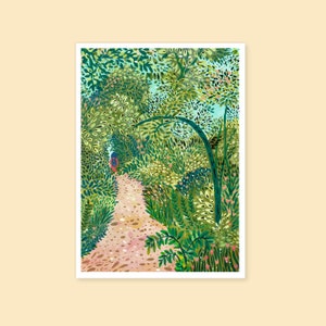 Frau zu Fuß im grünen Wald Gouache Art Print, Reiseposter, Waldnatur Illustration, Gartenausflug, Wandkunst,