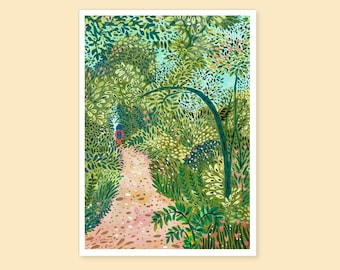 Woman Walking in Green Forest Gouache Art Print, Travel Poster, Forest Nature Illustration, Garden Trip, Wall Art,