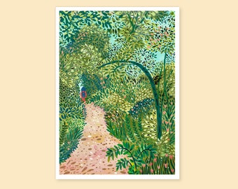 Frau zu Fuß im grünen Wald Gouache Art Print, Reiseposter, Waldnatur Illustration, Gartenausflug, Wandkunst,